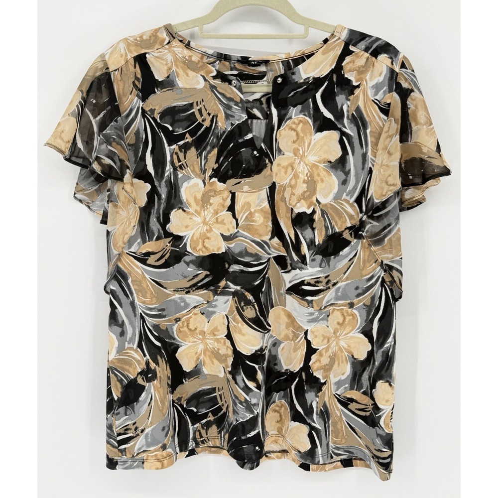 Sara Michelle Blouse XL Floral V-Neck Stretchy  Boho Relaxed Chic Flutter Sleeve